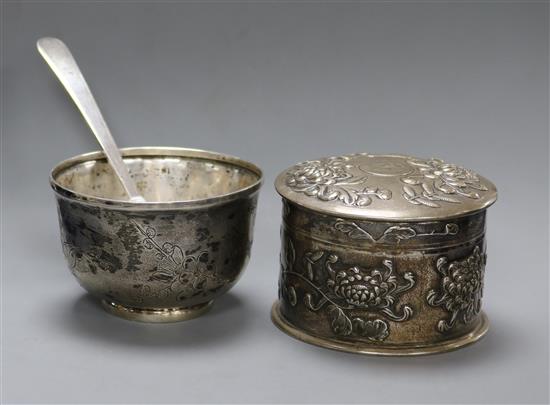 A Chinese Export white metal box and cover, Hung Chong?, a Chinese bowl, Zee Wo and a Chinese spoon, Tuck Chang.